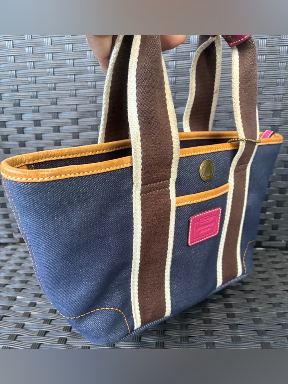 Coach Navy Denim Tote with Brown Straps and Pink Trim - Picture 2 of 16